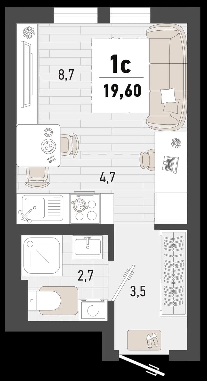Студия, 19.6 м² · Барса