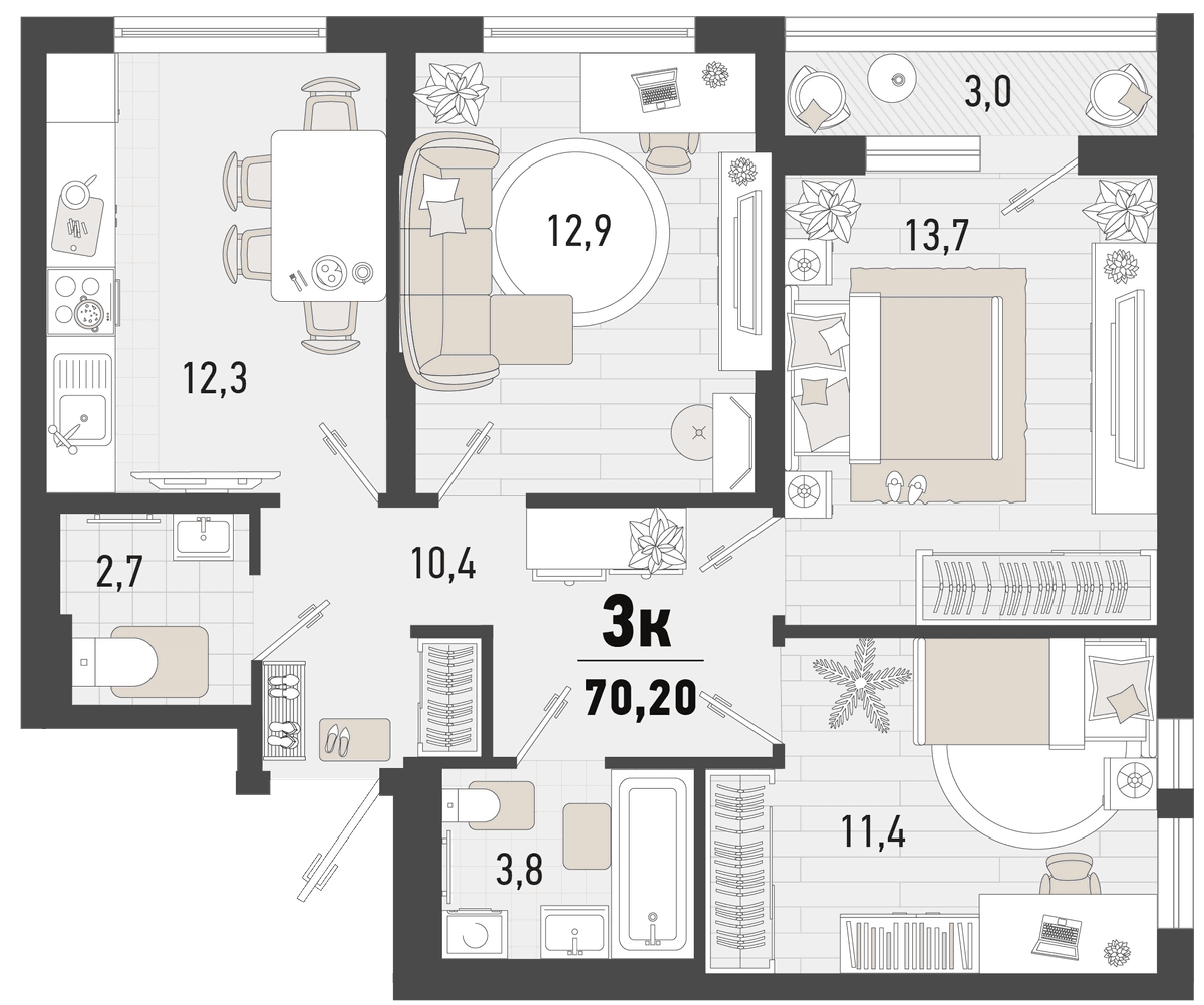 3-к, 70.2 м² · Барса