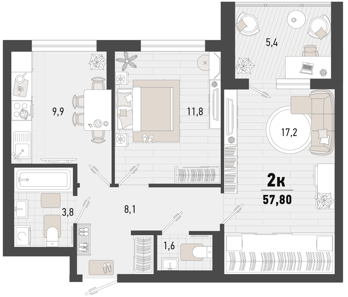 2-к, 57.8 м² · Барса