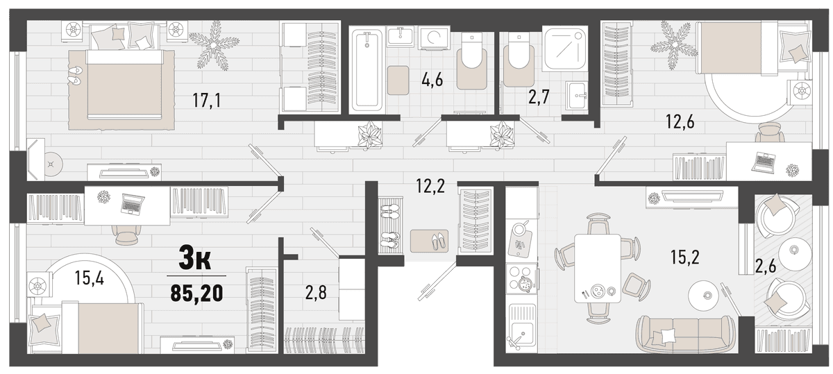 3-к, 85.2 м² · Барса