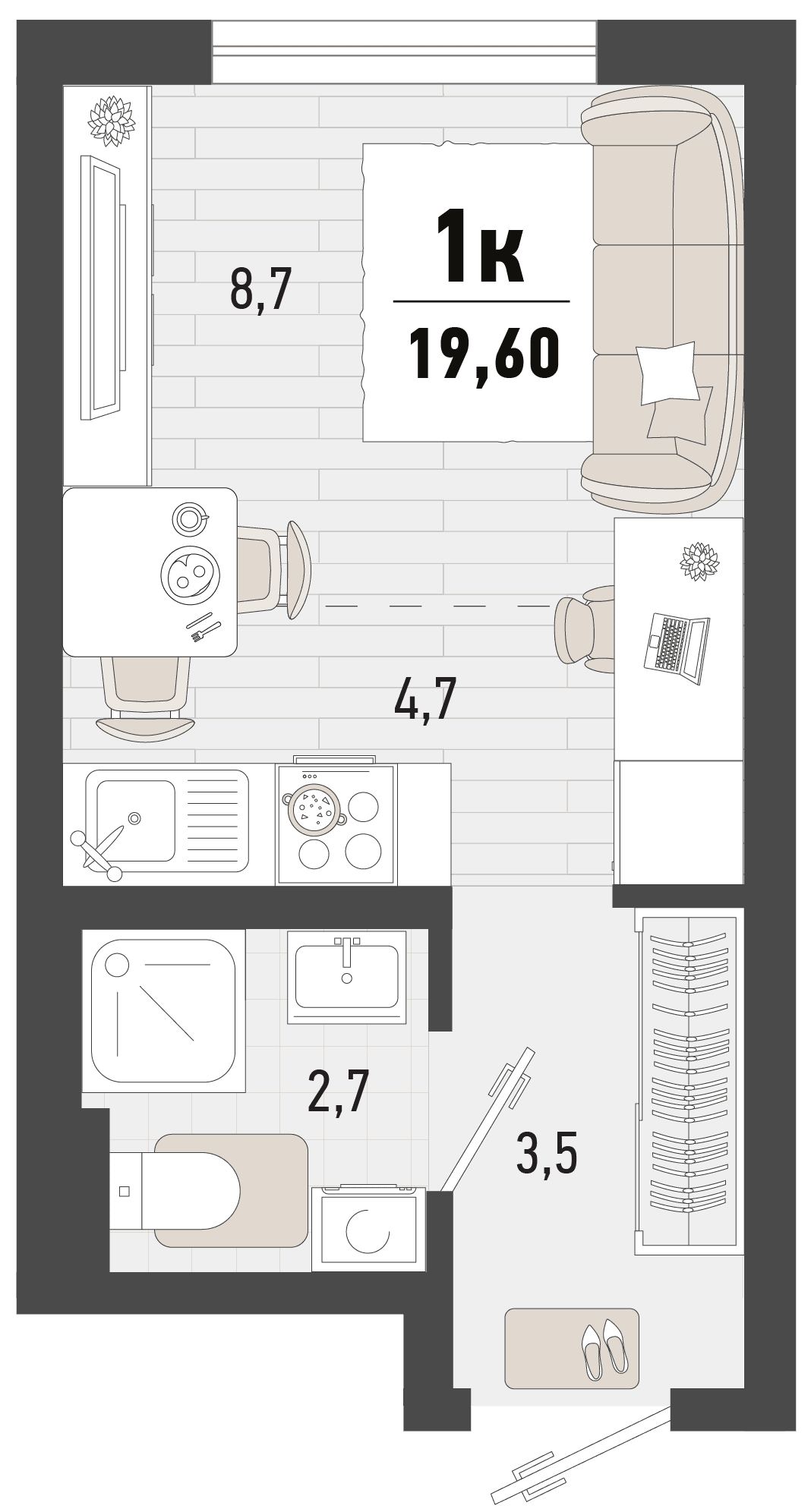 Студия, 19.6 м² · Барса