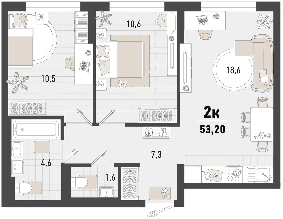 2-к, 53.2 м² · Барса