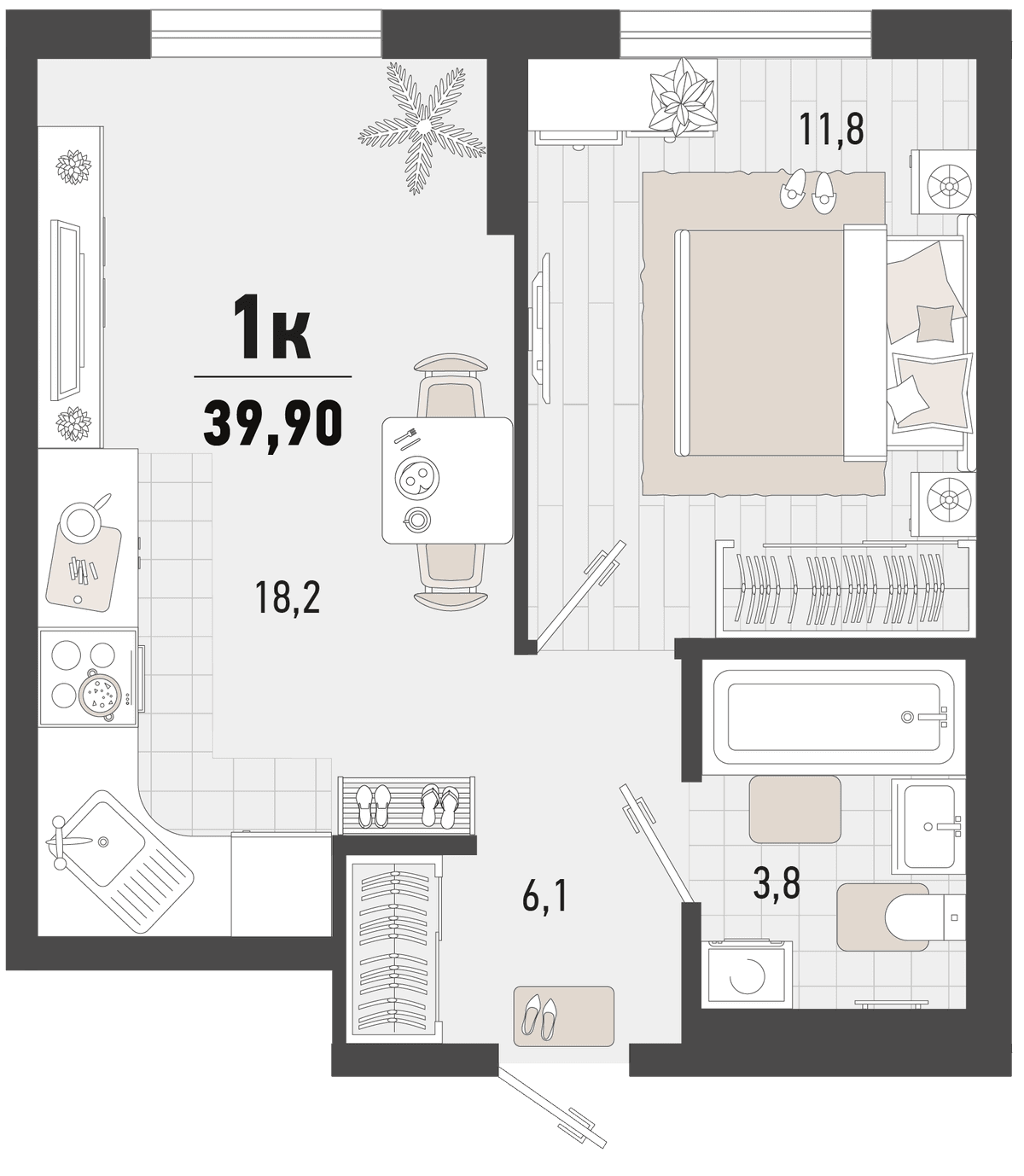 1-к, 39.9 м² · Барса
