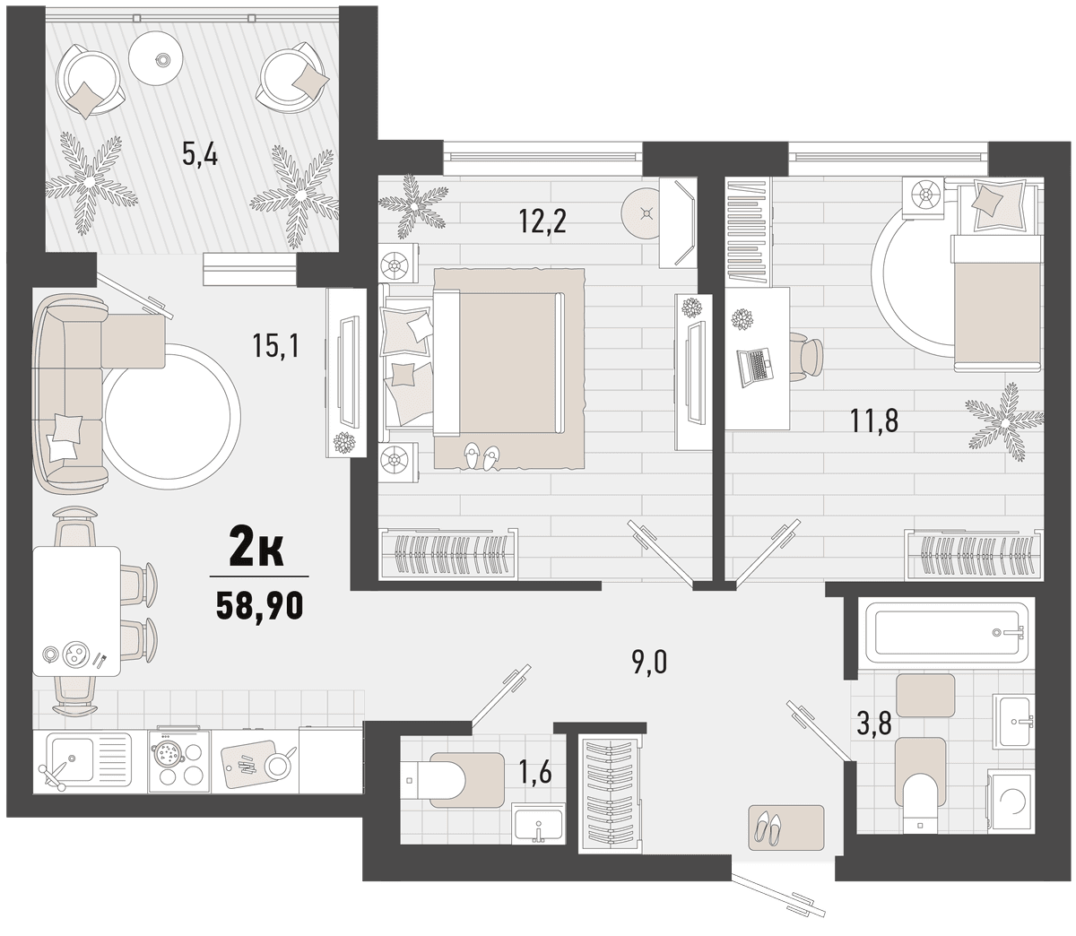 2-к, 58.5 м² · Барса