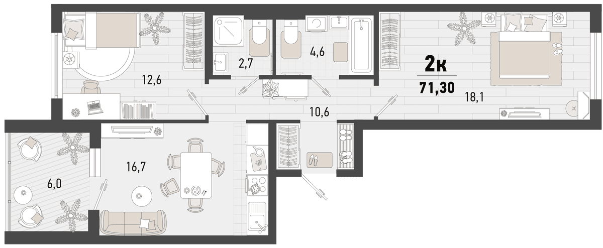 2-к, 71.3 м² · Барса