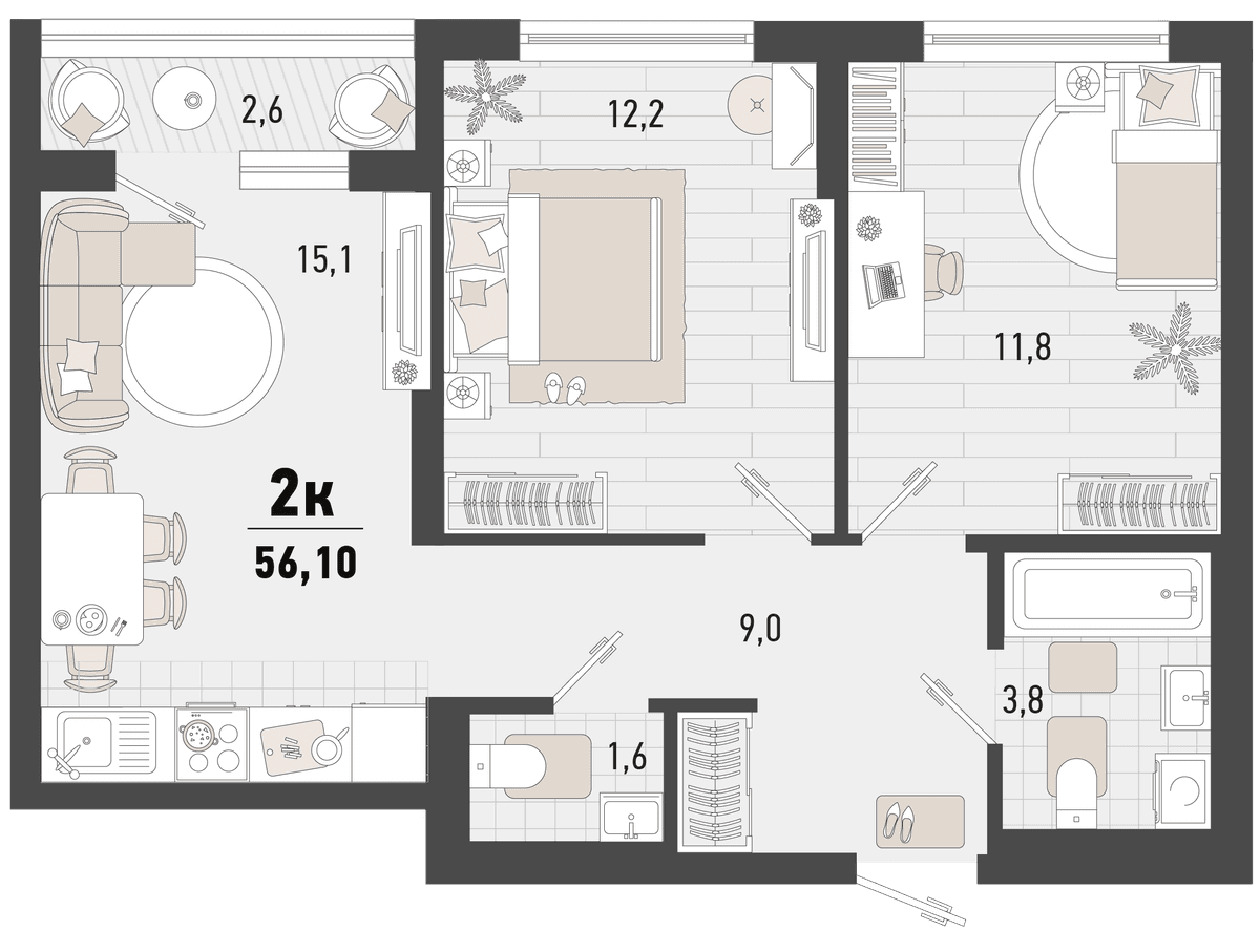 2-к, 56.1 м² · Барса
