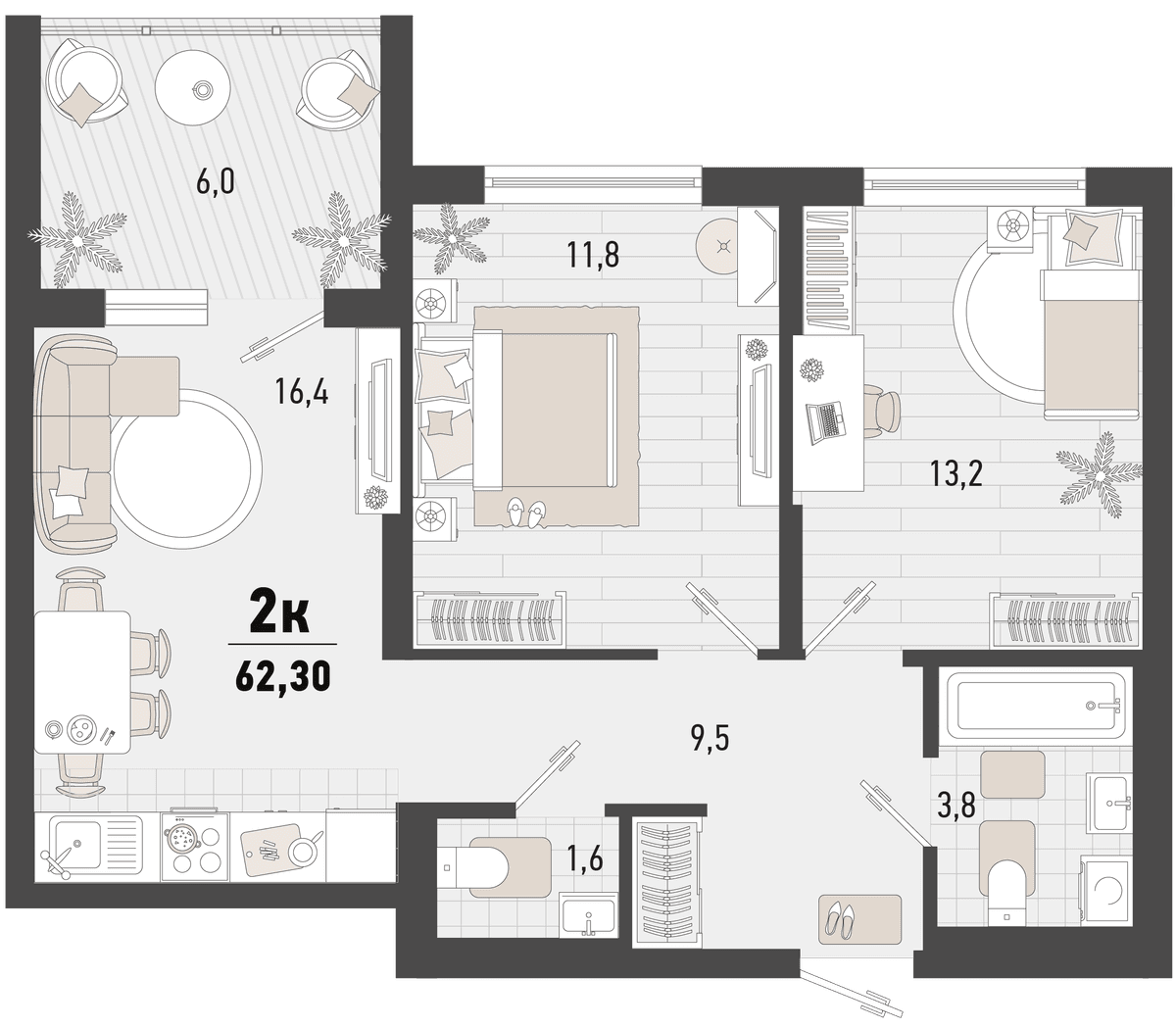 2-к, 62.3 м² · Барса