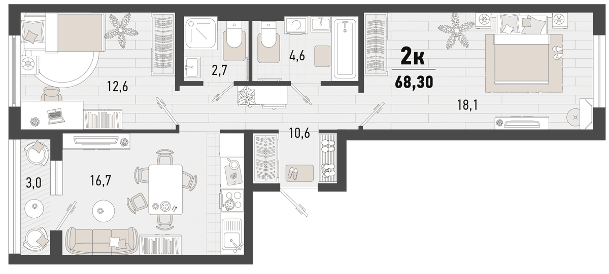 2-к, 68.3 м² · Барса