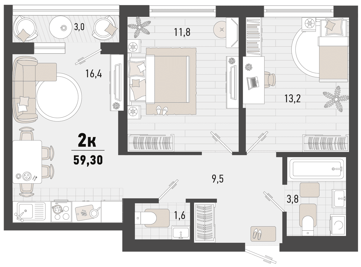 2-к, 59.3 м² · Барса