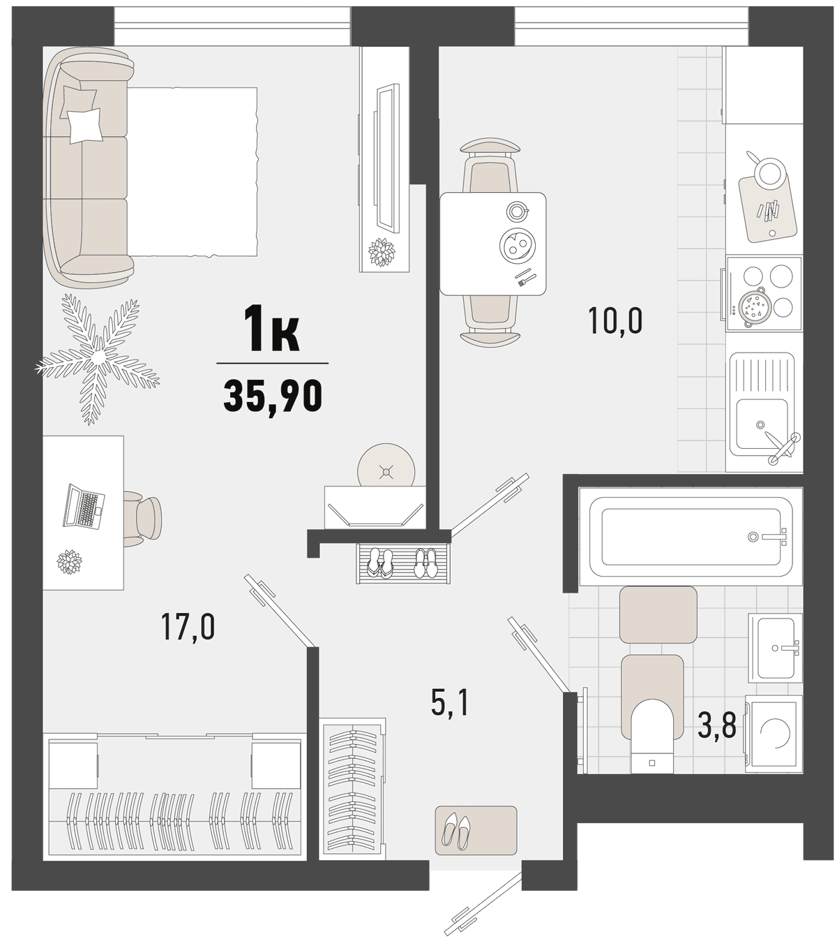 1-к, 35.9 м² · Барса