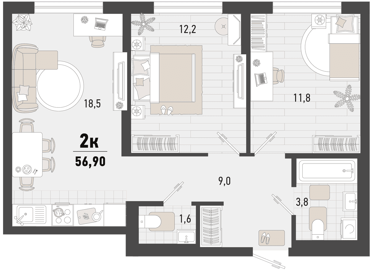 2-к, 56.9 м² · Барса