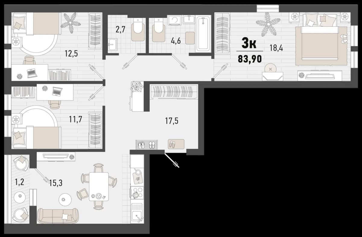 3-к, 85.1 м² · Барса