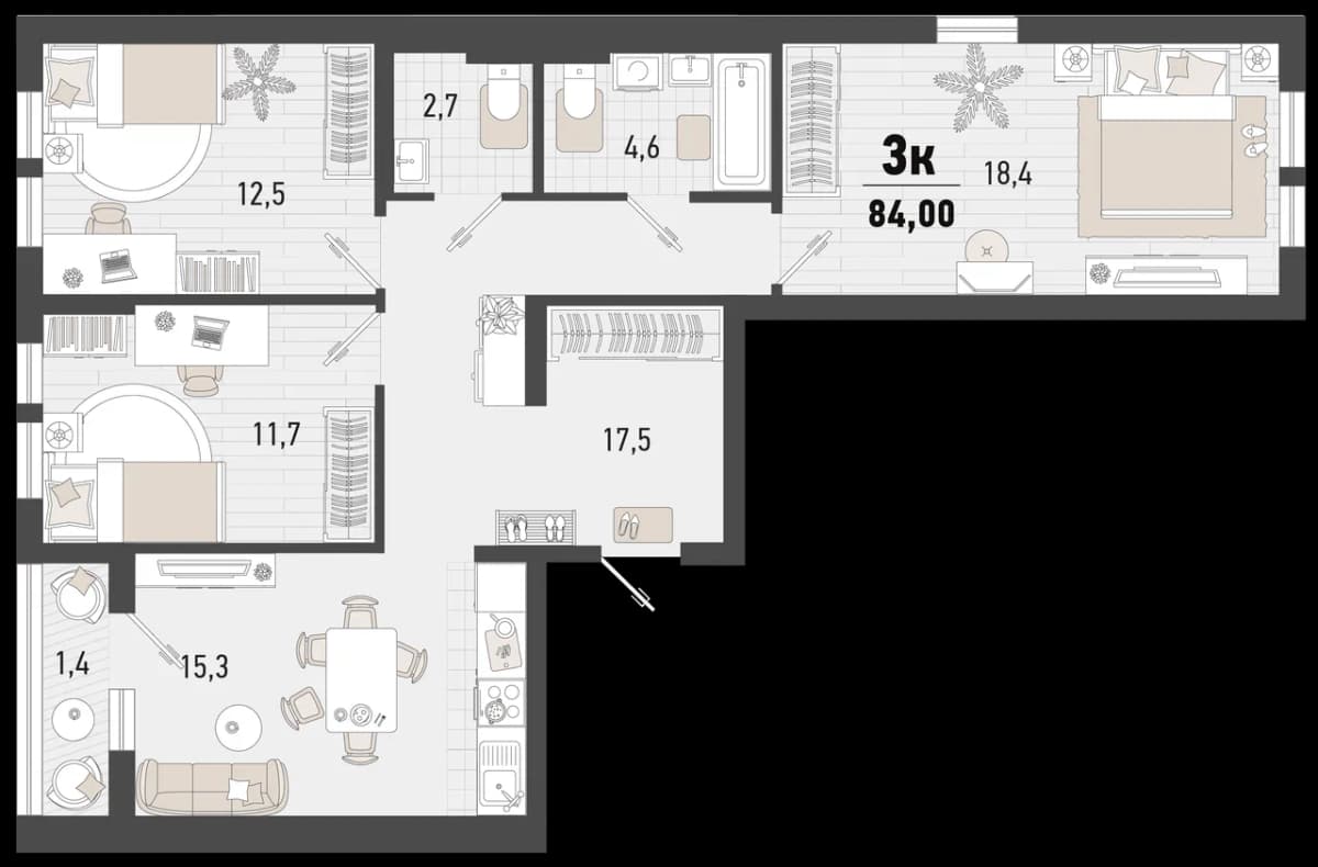 3-к, 85.3 м² · Барса