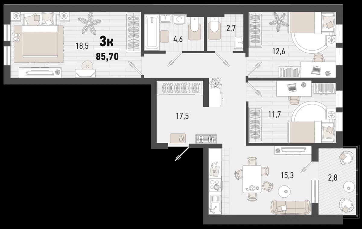 3-к, 88.5 м² · Барса