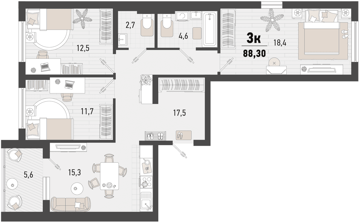 3-к, 88.3 м² · Барса