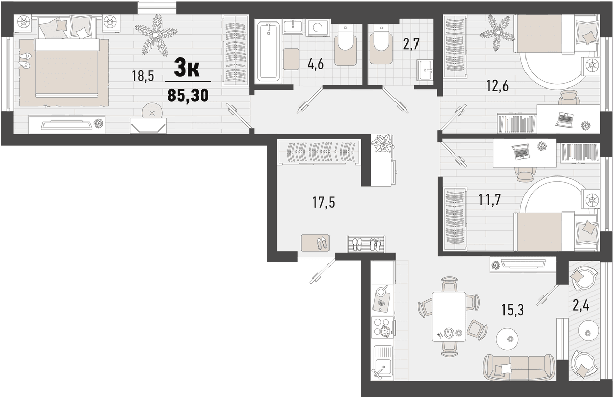 3-к, 85.3 м² · Барса