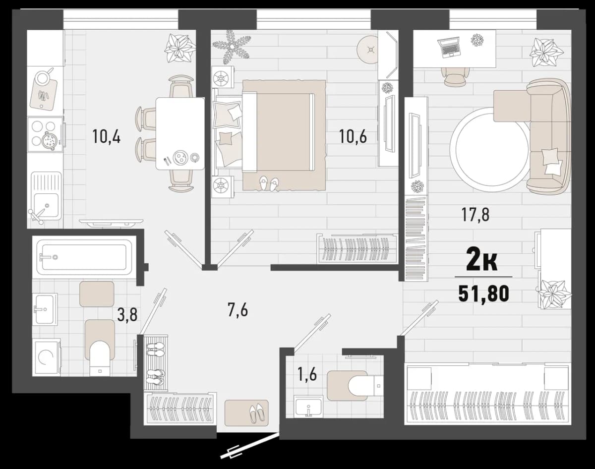 2-к, 51.8 м² · Барса