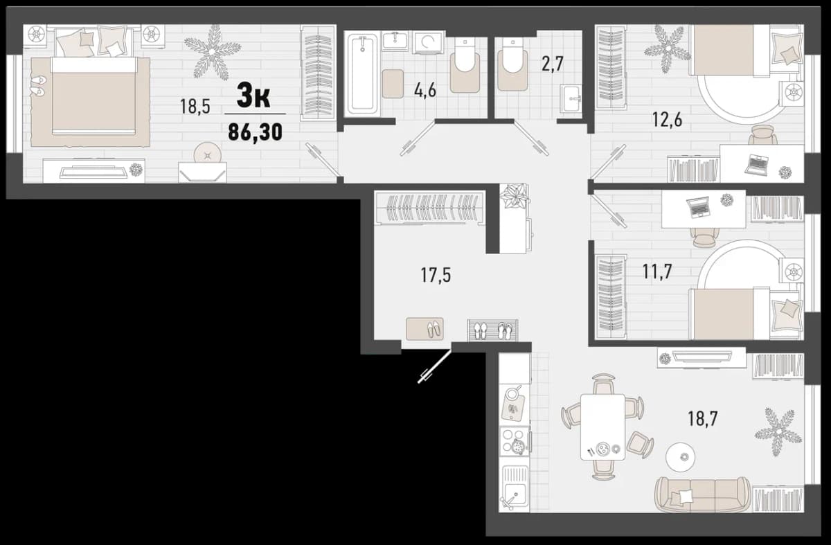 3-к, 86.3 м² · Барса