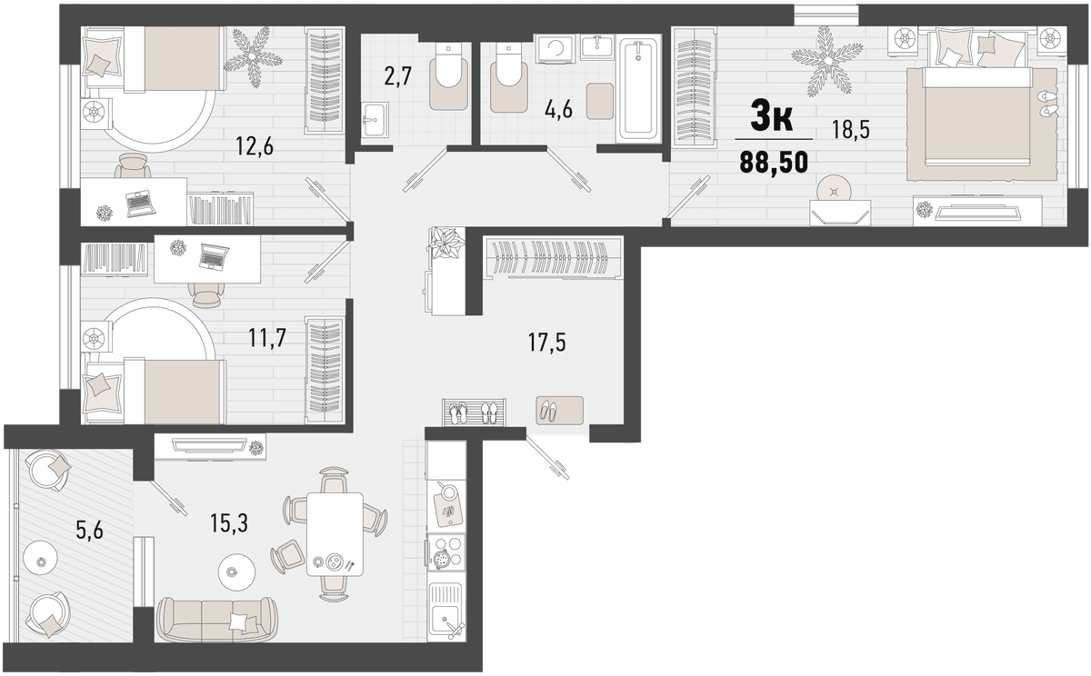 3-к, 88.5 м² · Барса