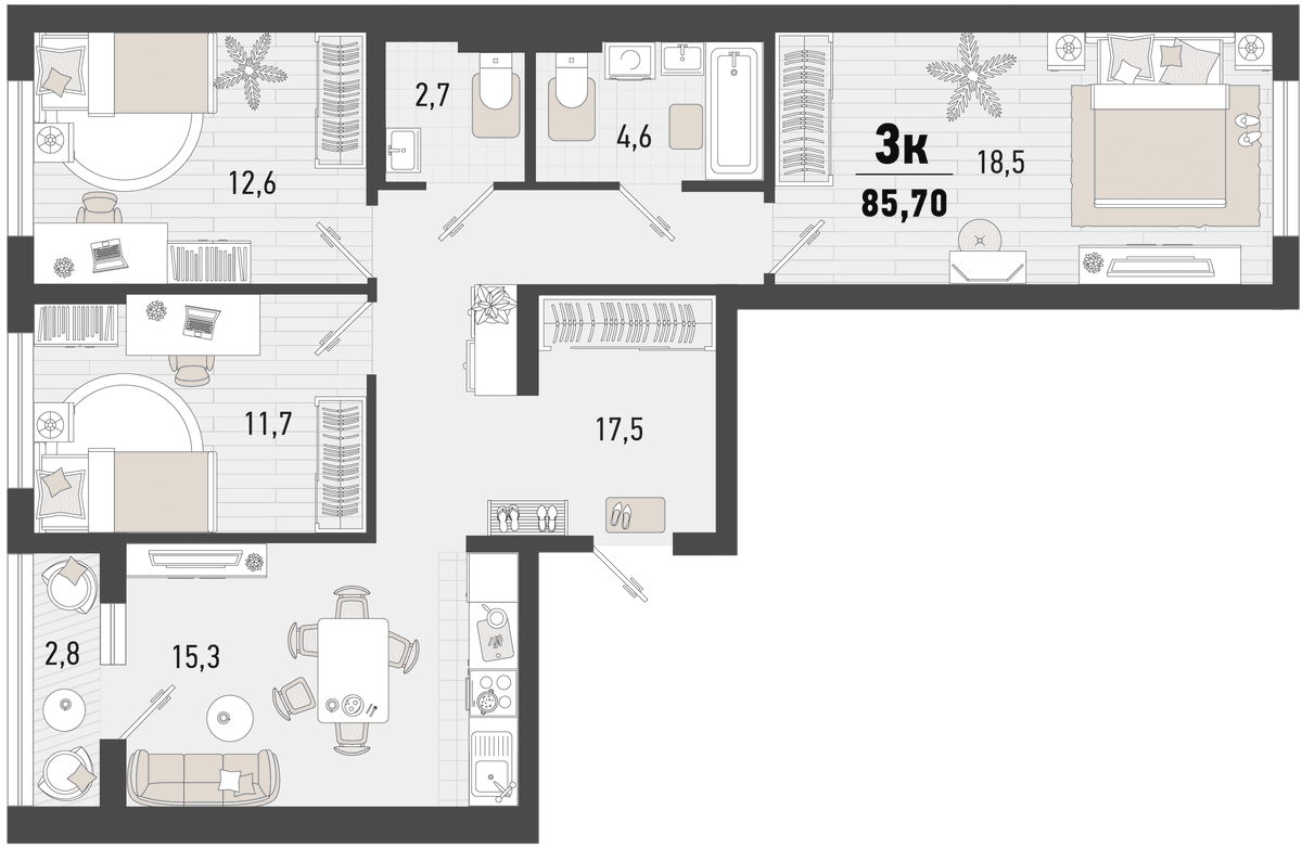 3-к, 85.7 м² · Барса
