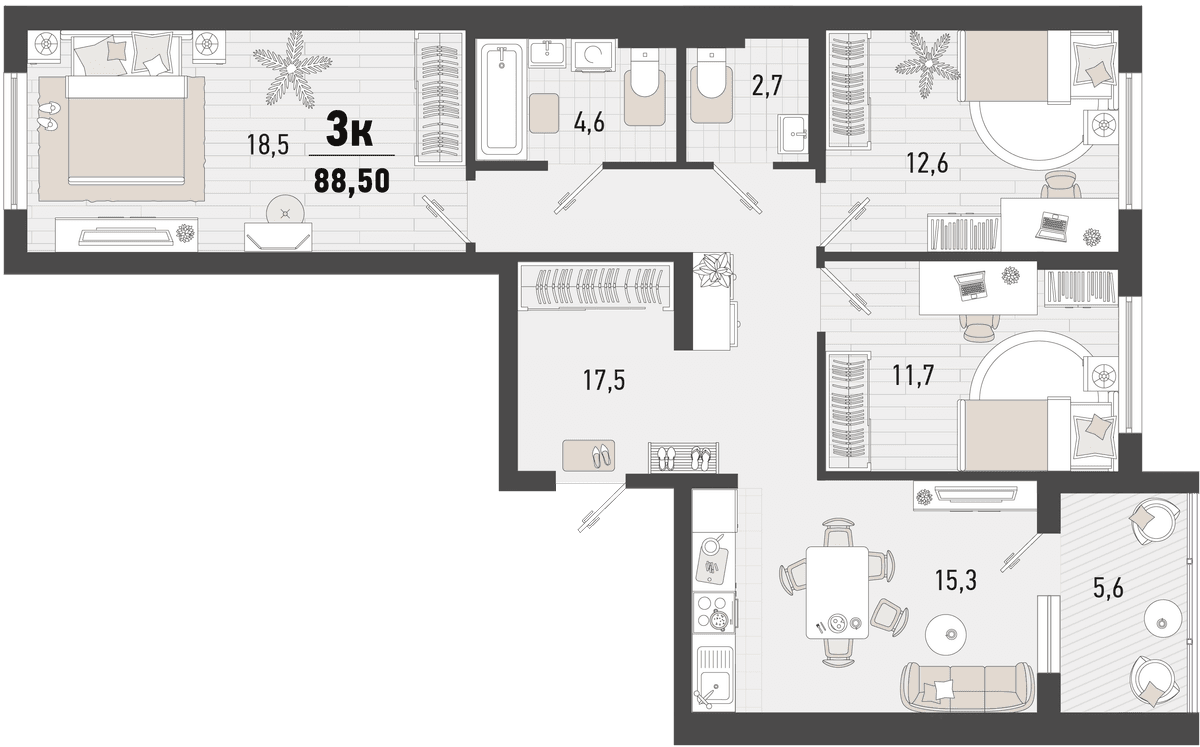 3-к, 88.5 м² · Барса