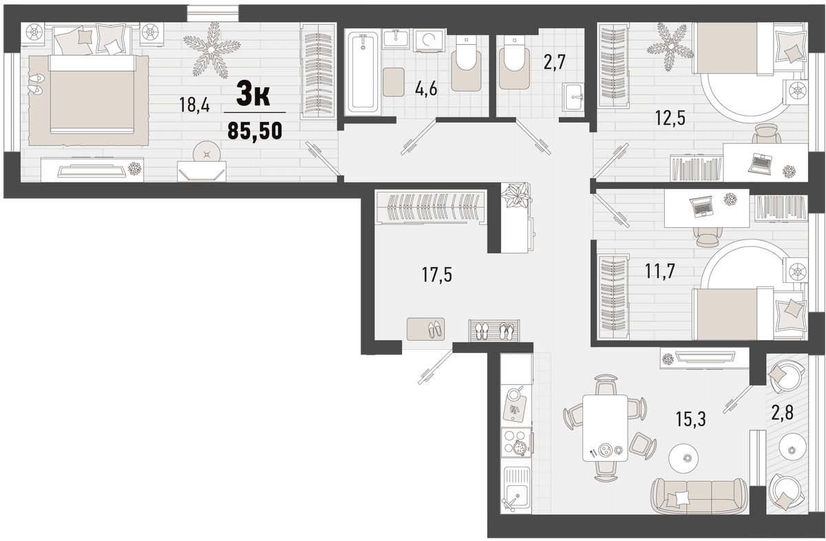 3-к, 85.5 м² · Барса