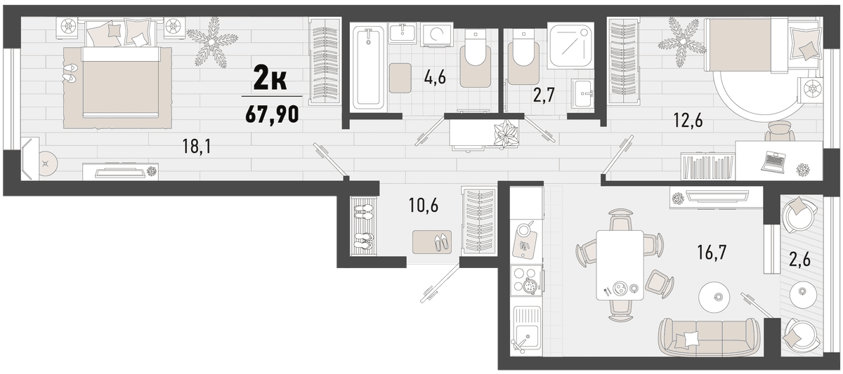 2-к, 67.9 м² · Барса