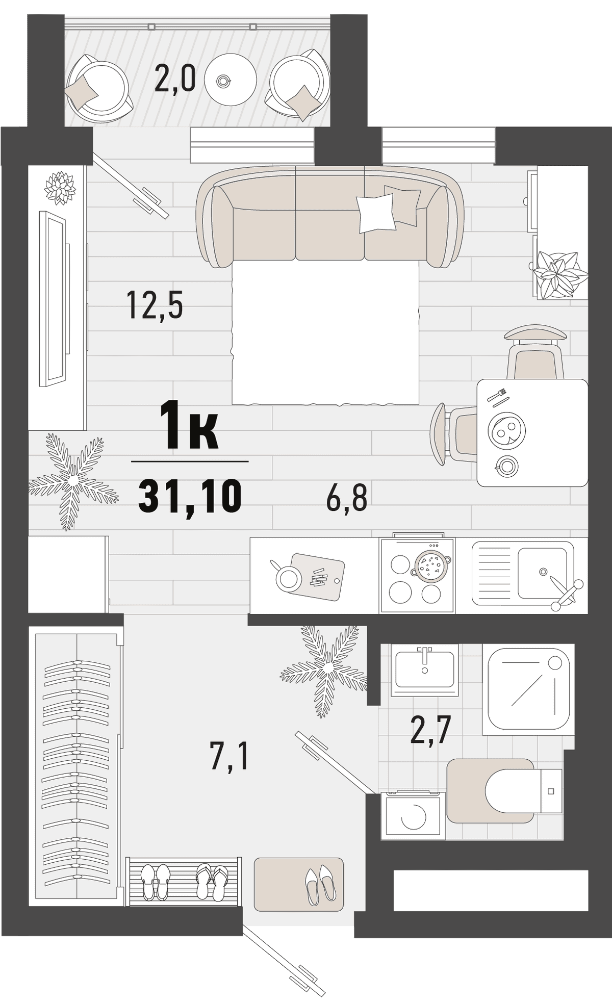 Студия, 31.1 м² · Барса