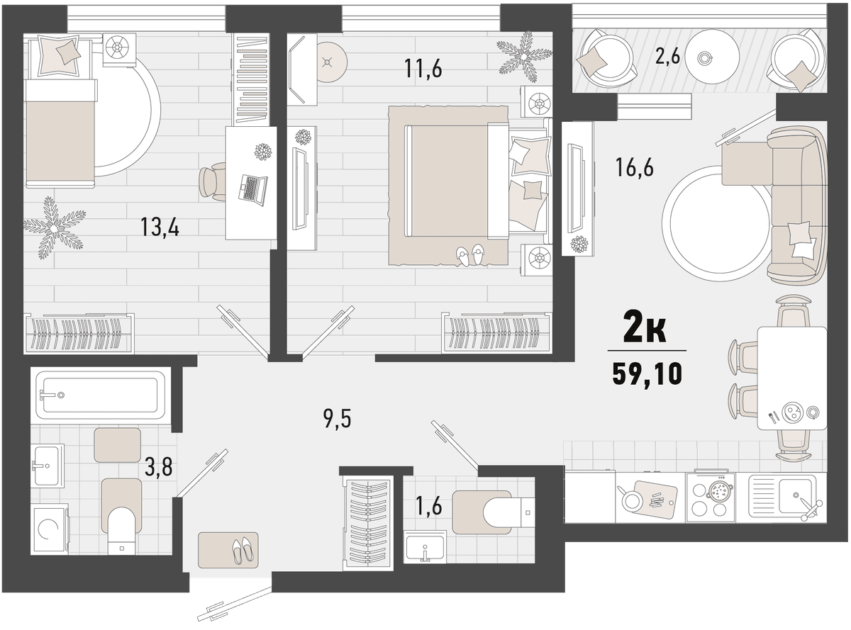 2-к, 59.1 м² · Барса