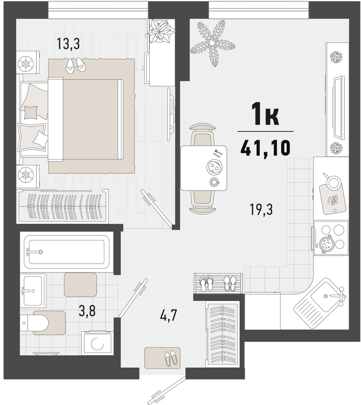 1-к, 41.1 м² · Барса