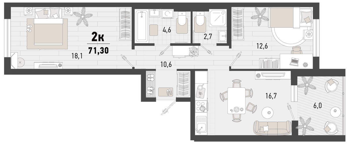 2-к, 71.3 м² · Барса