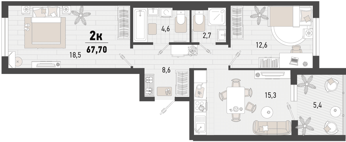 2-к, 67.7 м² · Барса