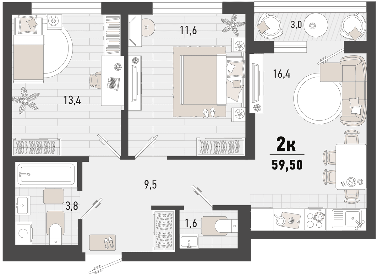 2-к, 59.5 м² · Барса