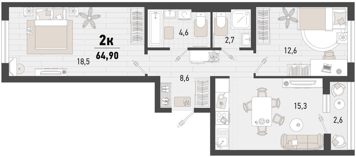 2-к, 64.9 м² · Барса