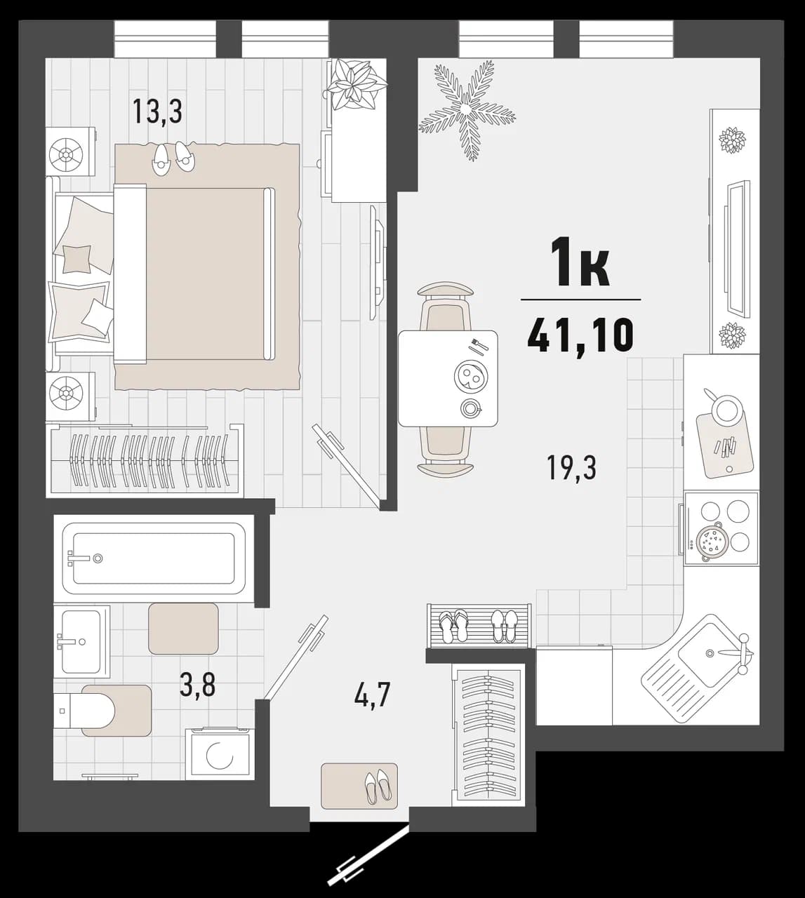 1-к, 41.1 м² · Барса