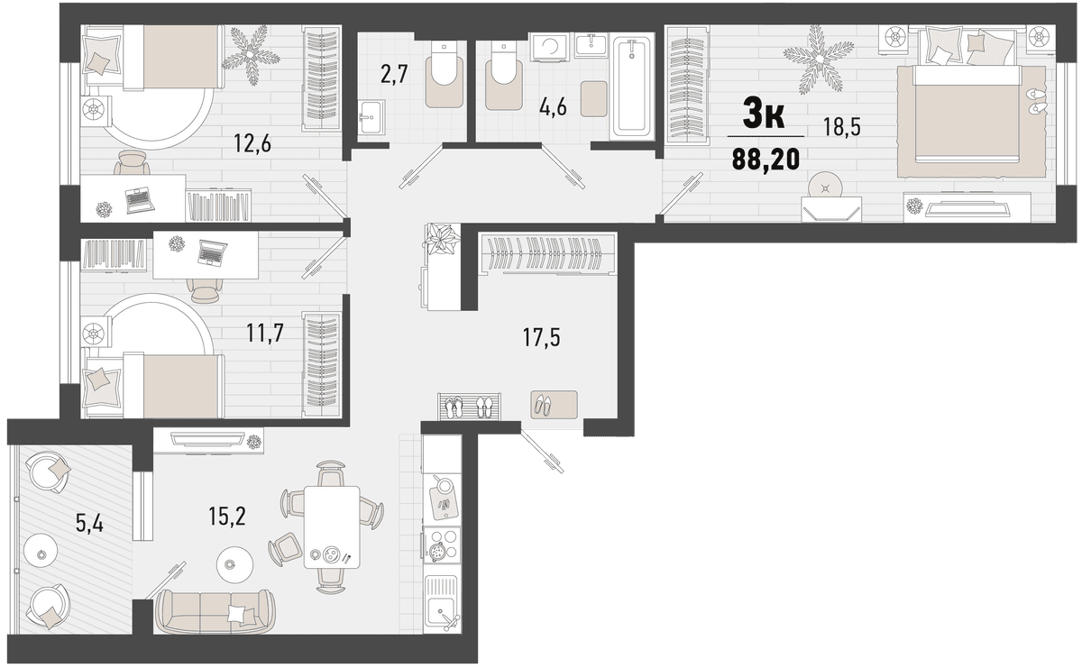 3-к, 88.2 м² · Барса