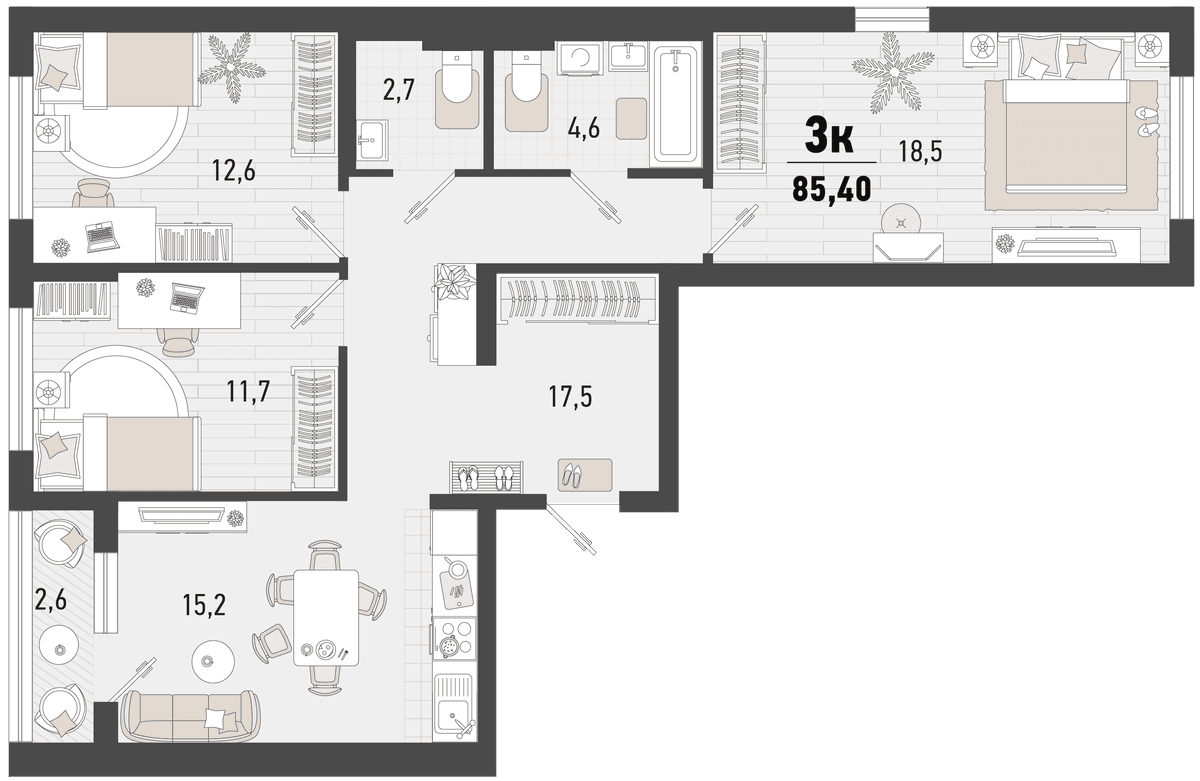 3-к, 85.4 м² · Барса