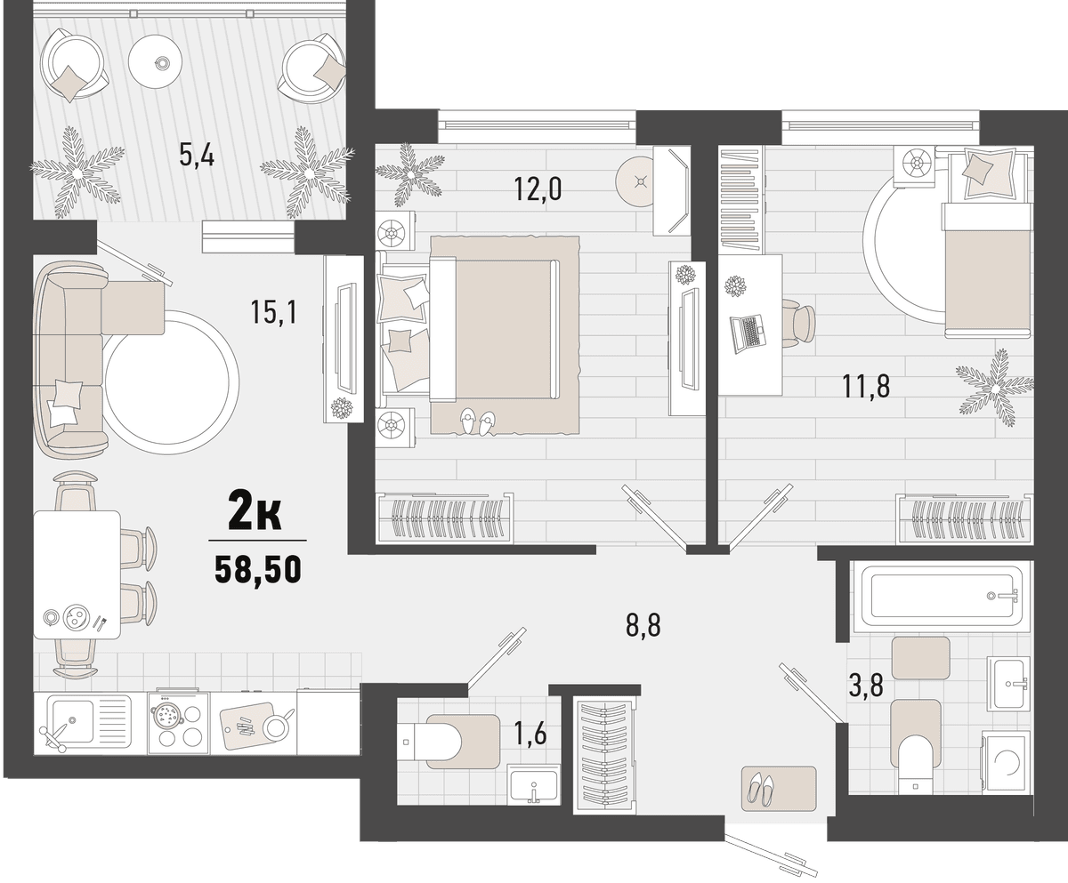 2-к, 58.5 м² · Барса