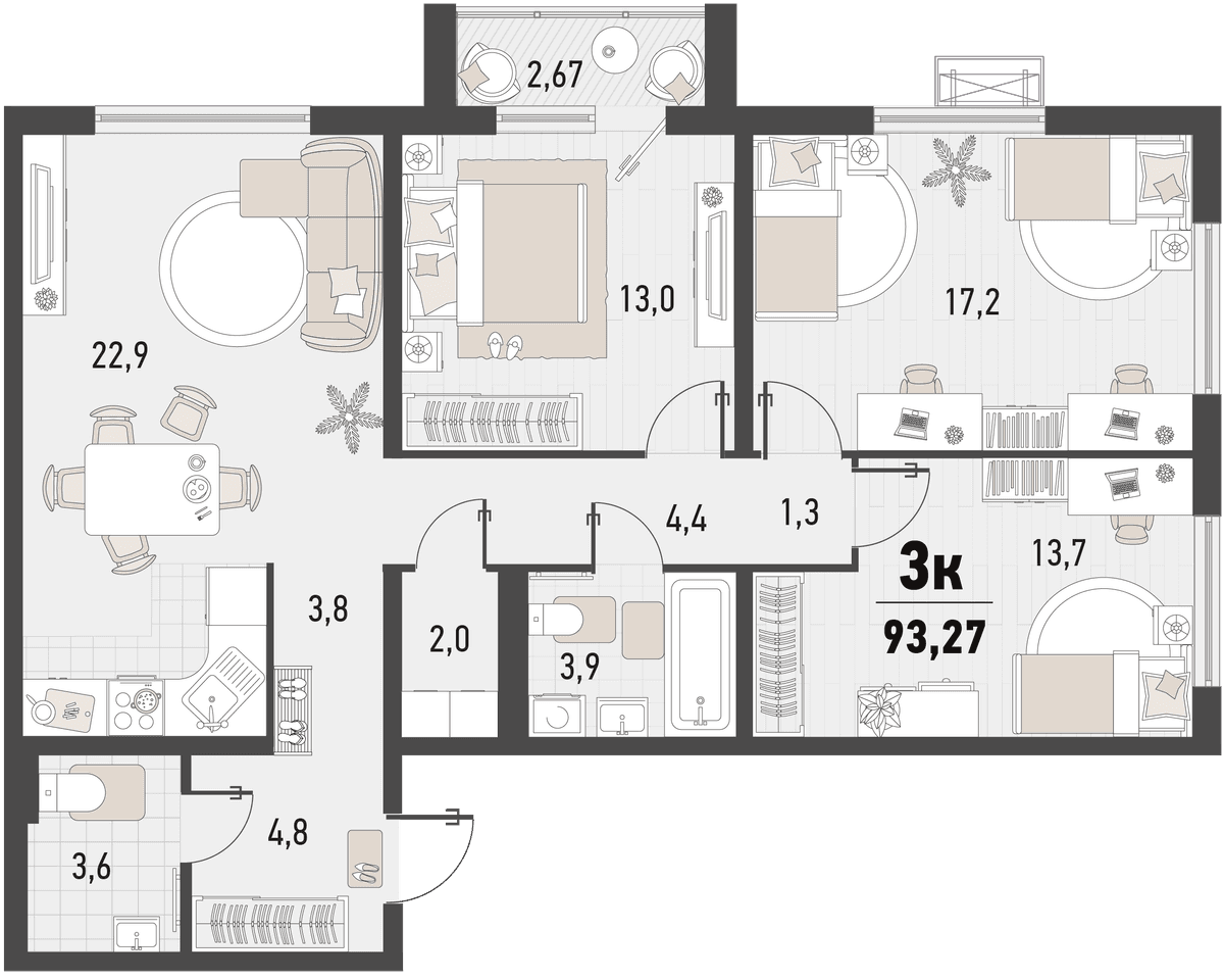 3-к, 93.27 м² · Барса