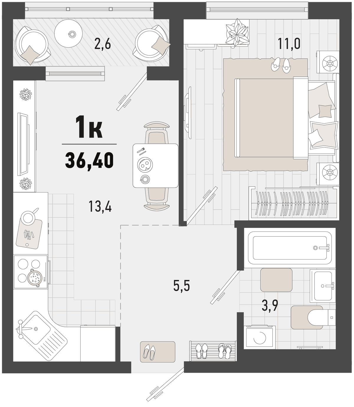 1-к, 36.4 м² · Барса