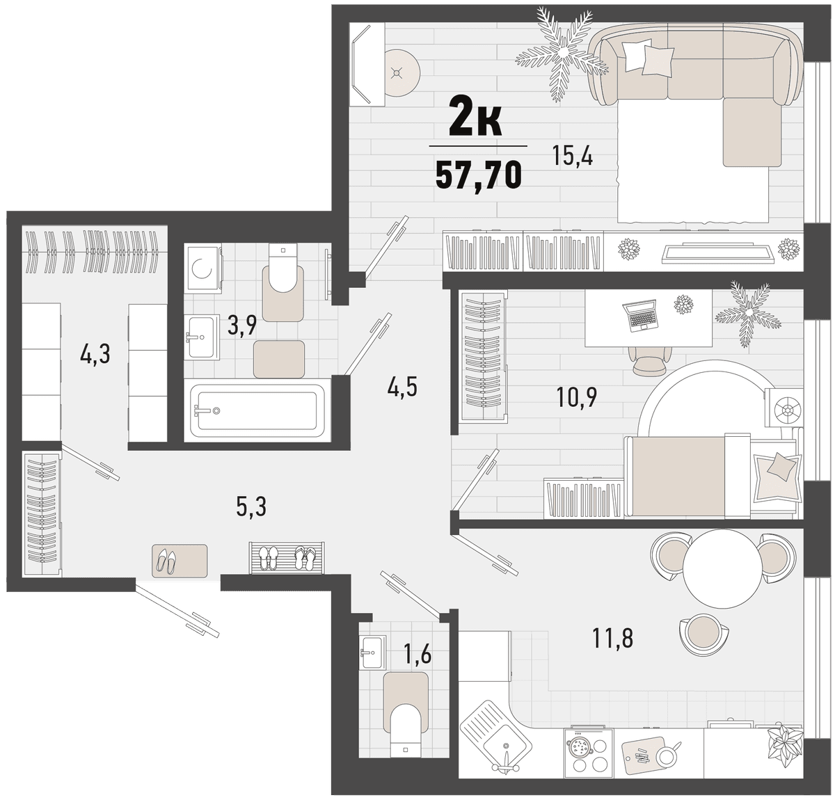 2-к, 57.7 м² · Барса