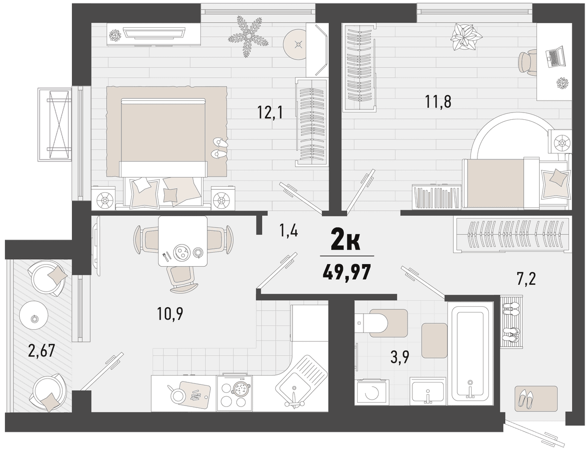 2-к, 49.97 м² · Барса