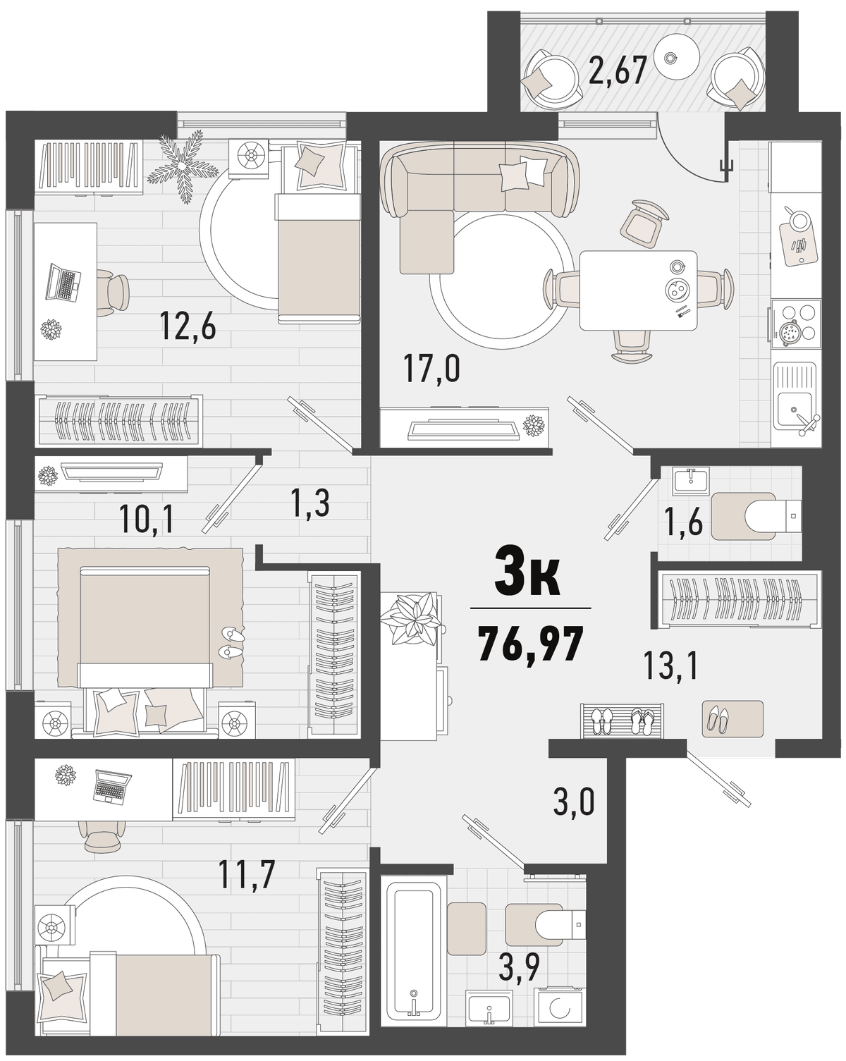 3-к, 76.97 м² · Барса