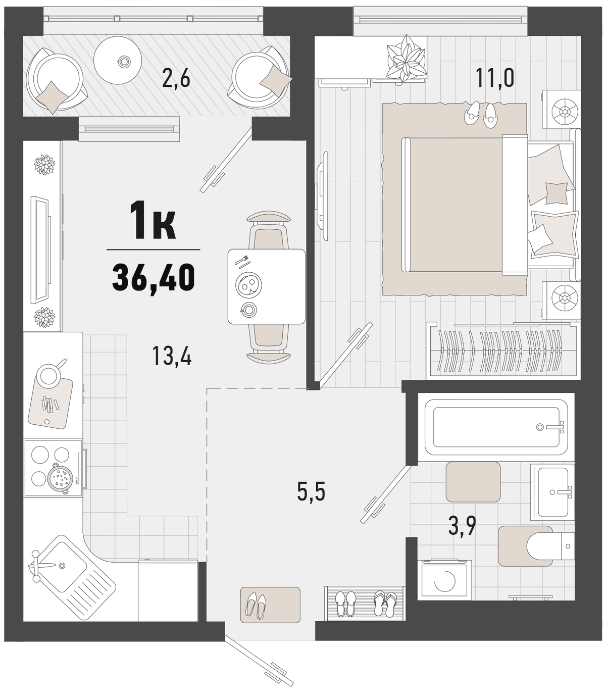 1-к, 36.4 м² · Барса