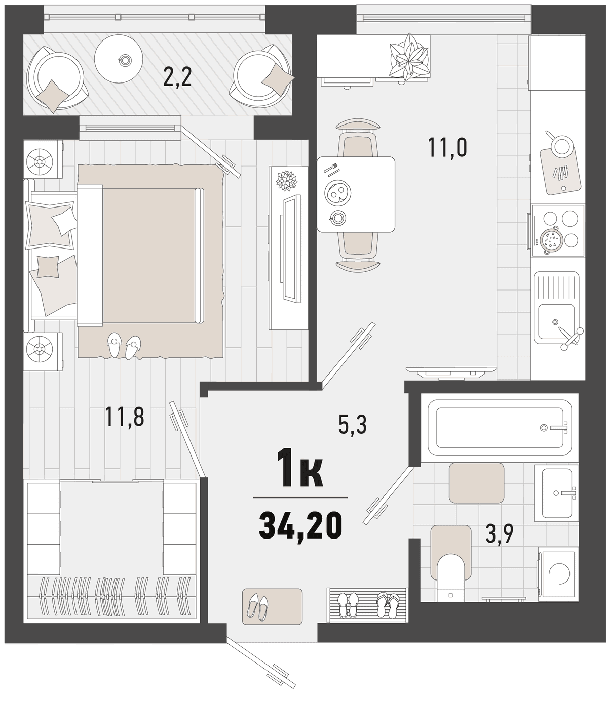 1-к, 34.2 м² · Барса