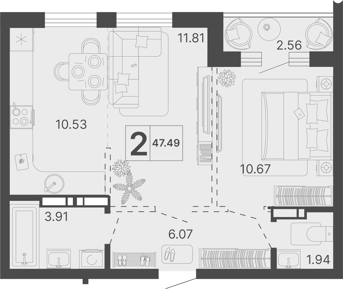 2-к, 47.49 м² · Светский лес