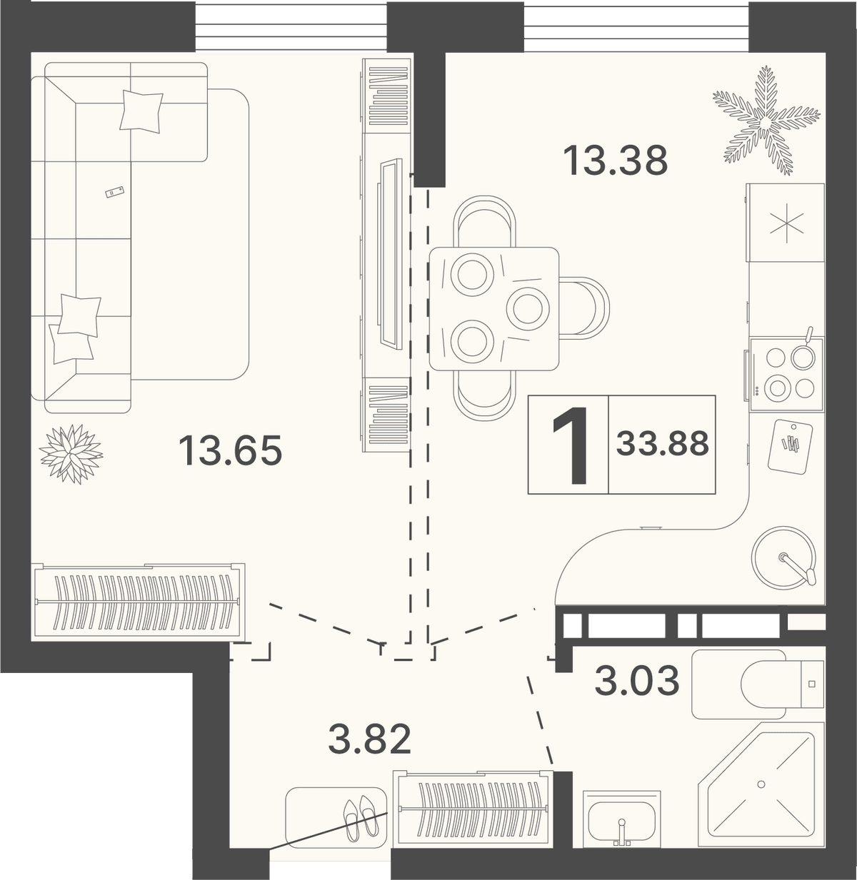 1-к, 33.88 м² · Светский лес
