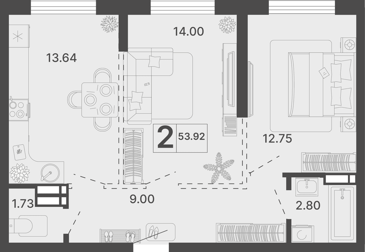 2-к, 53.92 м² · Светский лес