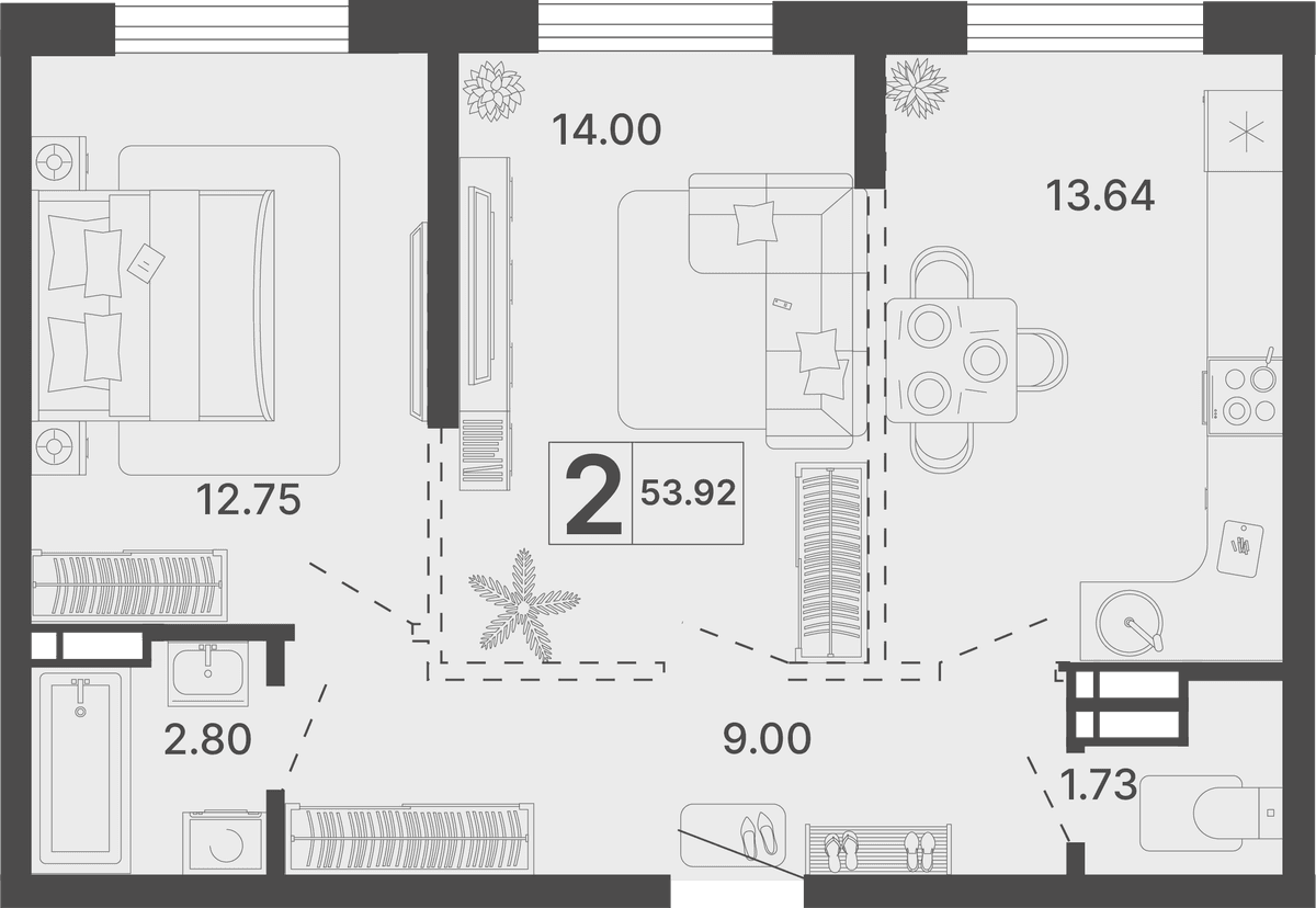 2-к, 53.92 м² · Светский лес