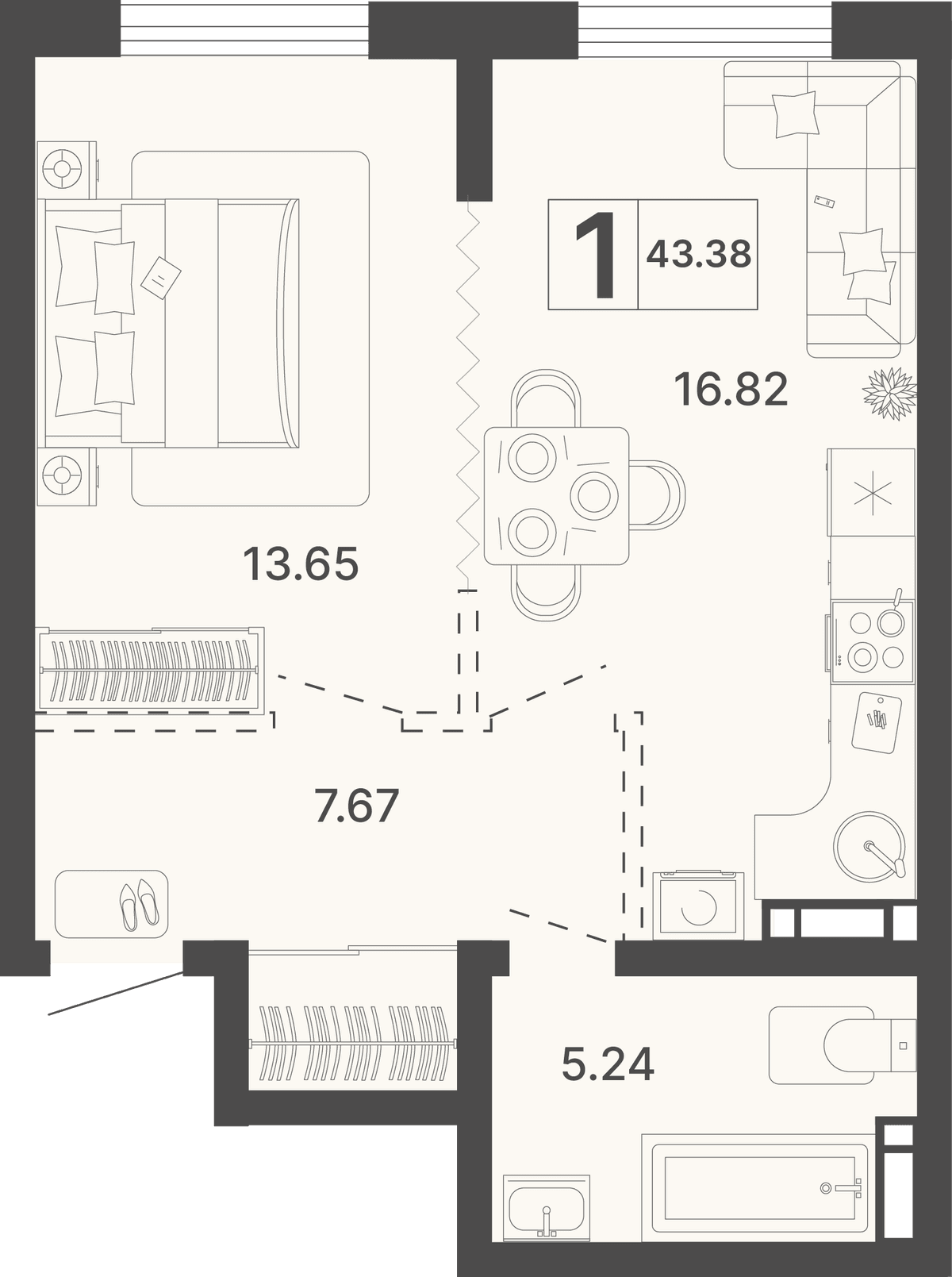 1-к, 43.38 м² · Светский лес